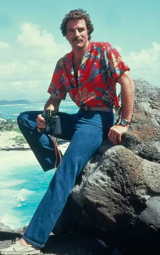 Vacation Dadcore aesthetic — This is the canonical image of Tom Selleck as Magnum P.I., directly referencing the 1980s American resort imagery and the aesthetic's inspiration.