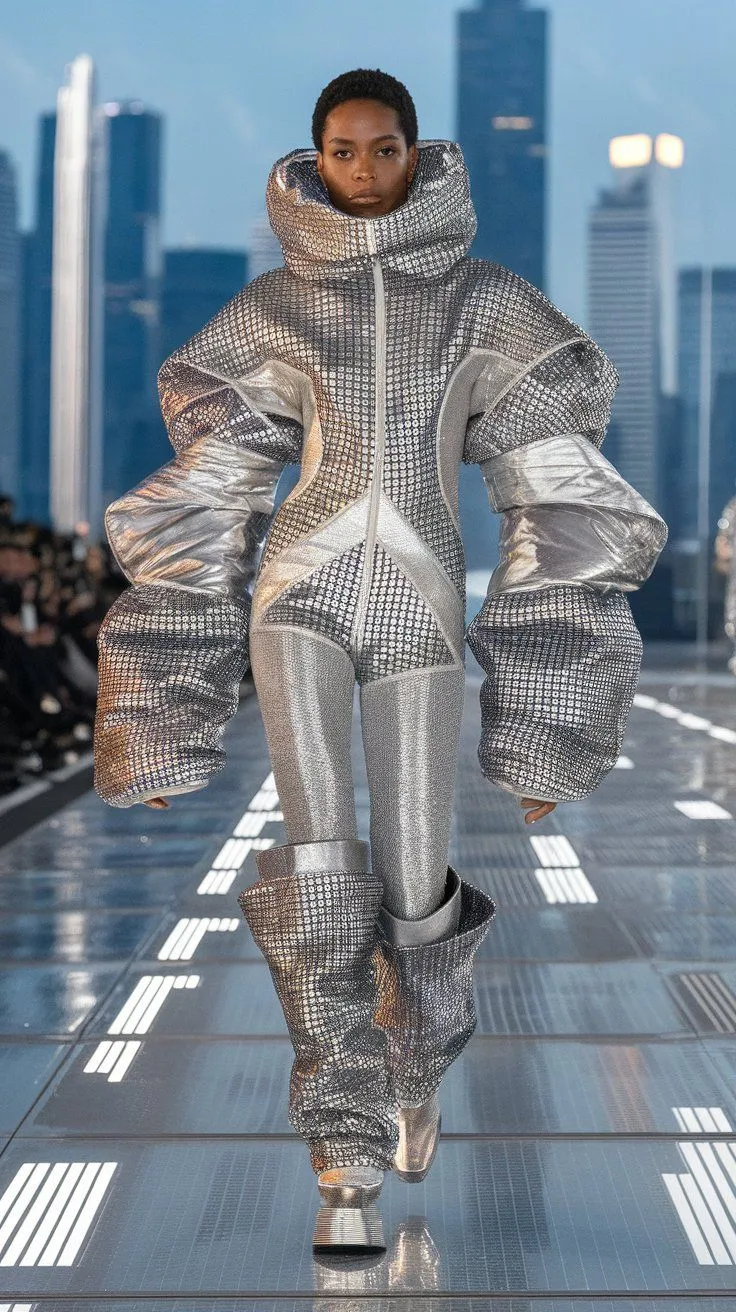 Y3K aesthetic — This image is a perfect embodiment of Y3K with its 'second-skin' bodysuit, exaggerated 'armoured, sculptural' sleeves and boots, and metallic silver palette.