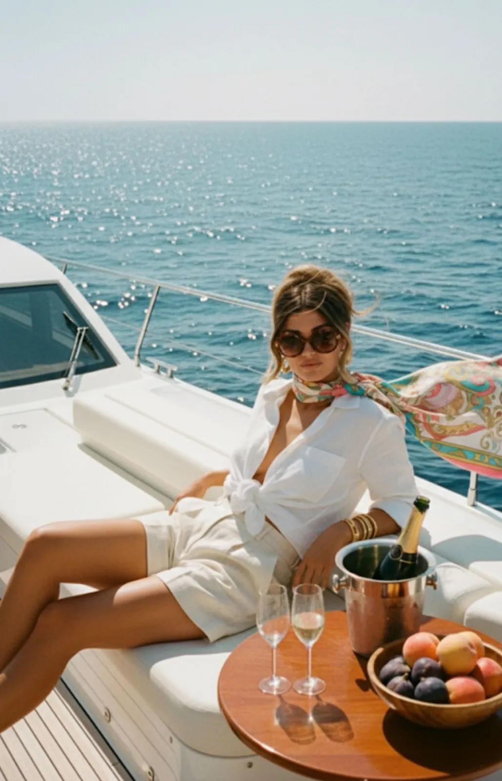 Yacht Aesthetic aesthetic — Classic white linen shirt, tailored shorts, silk scarf, gold jewelry, and oversized sunglasses on a yacht deck.