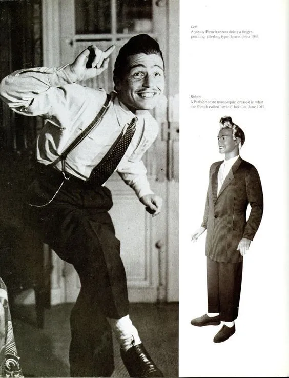 Zazou aesthetic — The image directly shows a 'young French Zazou' in period-appropriate attire, including the oversized jacket, slicked hair, and energetic pose.